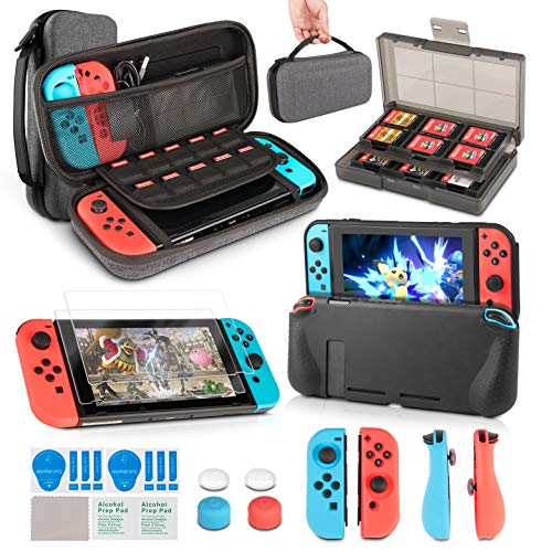 innoAura 11 en 1 Kit accesorios para NS Switch, con funda de transporte, Estuche De Juegos, funda de TPU, fundas para controles Joycon, tapas para Joystick y protector de pantalla