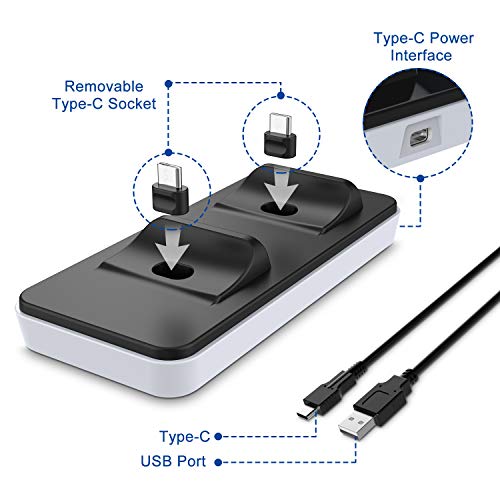 innoAura Estación de Carga portátil para mandos PS5, Cargador Dual de mandos PS5 con 2 Puertos de Carga Tipo C extraíbles (Blanco)