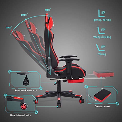 Intimate WM Heart Silla Gaming, Silla Gaming Ergonómica Silla Gamer con Reposapiés Racing Silla Silla Reclinable con Alto Respaldo, PC Silla (Rojo)
