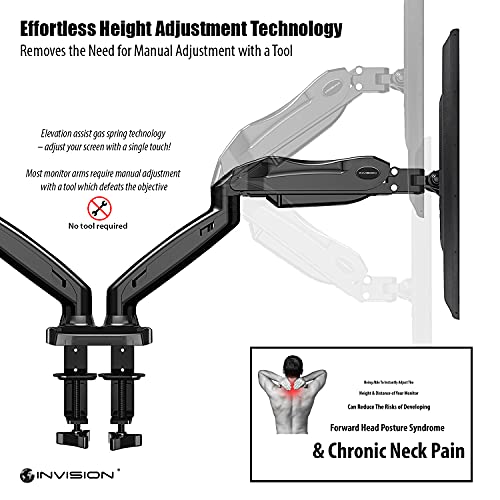 Invision Soporte Monitor Doble PC Brazo - Gas Asistido Soporte para Escritorio Ajustable Ergonómico con Abrazadera para 17–27” - VESA 75x75mm & 100x100mm - Peso 2-6.5kg (MX300)