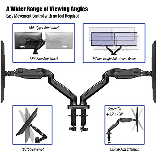 Invision Soporte Monitor Doble PC Brazo - Gas Asistido Soporte para Escritorio Ajustable Ergonómico con Abrazadera para 17–27” - VESA 75x75mm & 100x100mm - Peso 2-6.5kg (MX300)