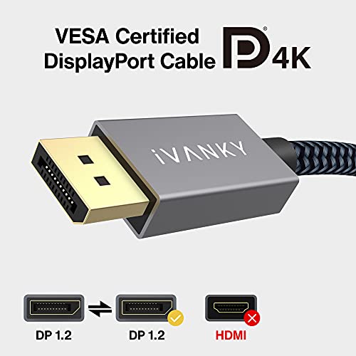 IVANKY Cable DisplayPort 4K, [Certificado VESA] 4K@60Hz, 2K@144Hz, 2K@165Hz, Nylon Trenzado, Cable Displayport 144Hz de Alta Velocidad 21.6Gbps Compatible con 3D, Gaming, Monitor de 144Hz - 2M