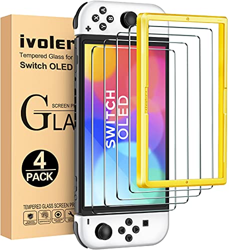 ivoler 4 Piezas Protector de Pantalla Compatible con Nintendo Switch OLED Modelo 7 Pulgadas 2021 Modelo, Incluye Marco de Instalación Fácil, Cristal Vidrio Templado Premium