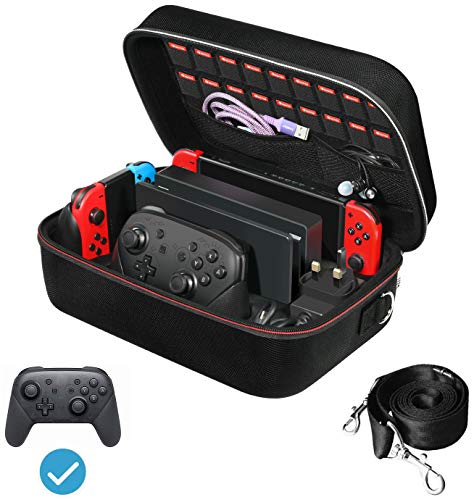 ivoler Funda para Nintendo Switch y Switch OLED, Estuche Dura de Transporte de Lujo, Carcasa Rígida de Viaje para Consola, Adaptador AC, Joy-con Grip, Strap Joy-con, 18 Cartuchos de Juegos y Otros