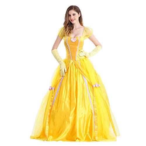 IWEMEK Disfraz de Bella para mujer, para adultos, Halloween, carnaval, fiesta, princesa, vestido amarillo con guantes amarillo S