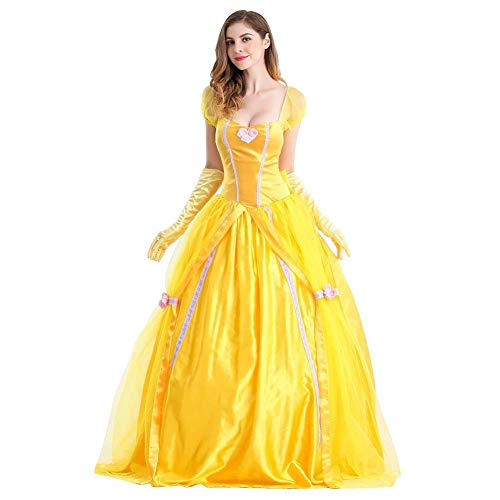 IWEMEK Disfraz de Bella para mujer, para adultos, Halloween, carnaval, fiesta, princesa, vestido amarillo con guantes amarillo S