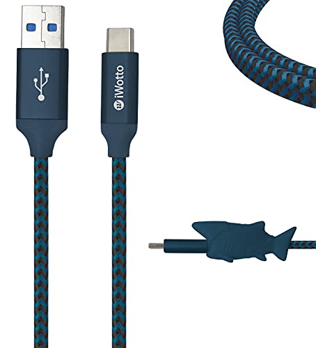 Iwotto Cable USB Tipo C 1M - Carga y Sincronización Rápida para Móvil- USB 3.0 Azul - Nylon Duradero y Protector de Cable Tiburón Incluido - Compatible con Samsung, Xiaomi, Huawei, PS4, Xbox