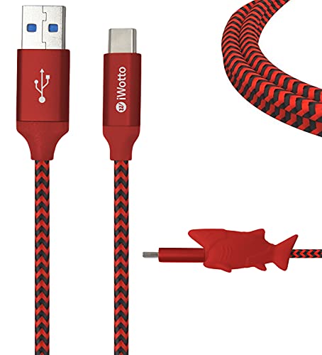 Iwotto Cable USB Tipo C 1M - Carga y Sincronización Rápida para Móvil- USB 3.0 Rojo - Nylon Duradero y Protector de Cable Tiburón Incluido - Compatible con Samsung, Xiaomi, Huawei, PS4, Xbox
