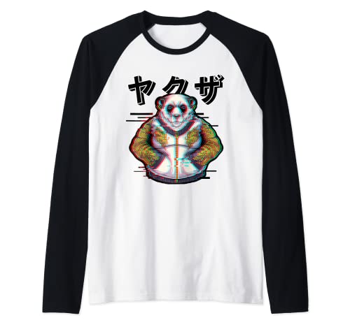 Japan Anime Panda Yakuza Style Vaporwave Glitch Vaporwave Glitch Camiseta Manga Raglan