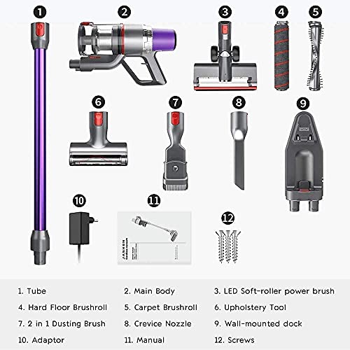 JASHEN Aspirador sin Cable, 350W Motor Digital Brushless 2500mAh Batería Extraíble de Ion-Litio 40 Minutos,LED Pantalla Inteligente, 3 Velocidades (púrpura V16)