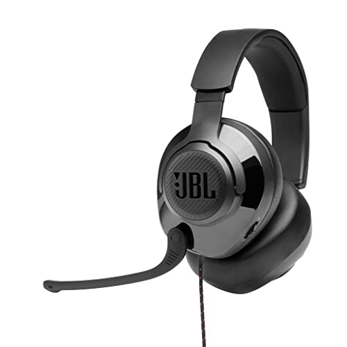 JBL Quantum 300 Auriculares para gamers con un diseño llamativo y micrófono, tecnología de virtualización surround, compatible con múltiples plataformas, en negro