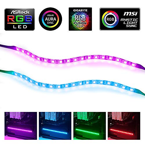 J&D RGB Tiras de Luz LED, 2-Paquete Tira de Luz LED RGB Magnética con Encabezado RGB de 4 Pines para Placa Base/Caja de PC Compatible con Asus Aura/Asrock Aura RGB LED/MSI Mystic Light