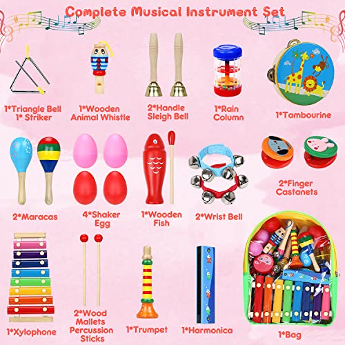 Jojoin 24 Pcs Juguetes Instrumentos Musicales, 14 Tipos de Juguetes de Instrumentos, Instrumentos Musicales Madera, Educativo Bebés, Juguete y Regalos para Niños de Navidad y Cumpleaños etc