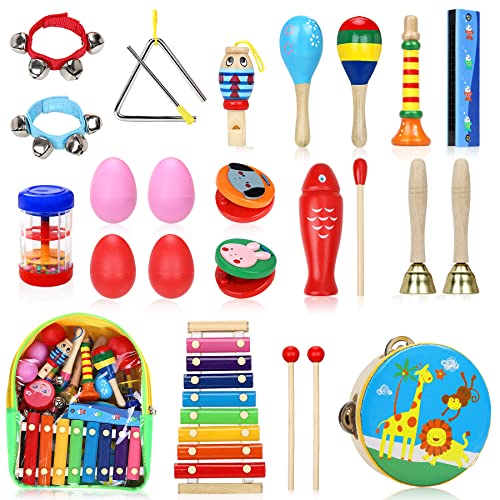 Jojoin 24 Pcs Juguetes Instrumentos Musicales, 14 Tipos de Juguetes de Instrumentos, Instrumentos Musicales Madera, Educativo Bebés, Juguete y Regalos para Niños de Navidad y Cumpleaños etc