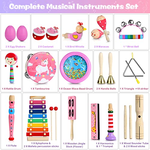 Jojoin 25 PcsJuguetes Instrumentos Musicales, Instrumentos Musicales para Infantil, Instrumentos Musicales Madera, Educativo Musical de Bebé, Cumpleaños para Niño de 3 4 5 Años