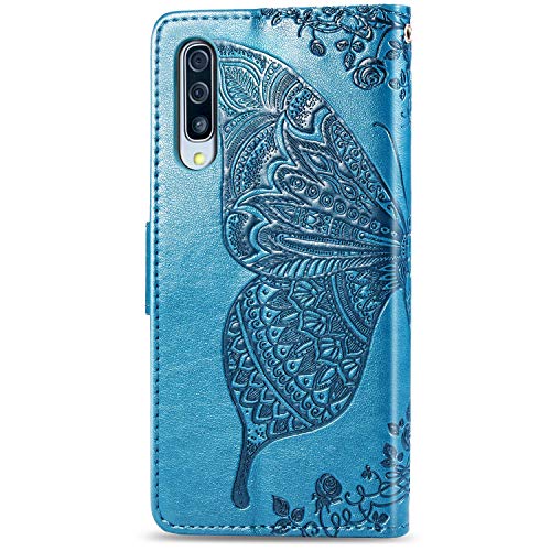 JOMA E-Shop Funda para Samsung Galaxy A50, Samsung Galaxy A50, diseño de mariposa en relieve con ranuras para tarjetas, funda tipo cartera para Samsung Galaxy A50 (azul)