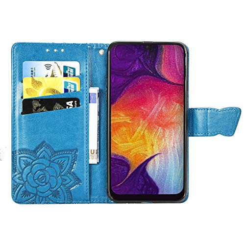 JOMA E-Shop Funda para Samsung Galaxy A50, Samsung Galaxy A50, diseño de mariposa en relieve con ranuras para tarjetas, funda tipo cartera para Samsung Galaxy A50 (azul)