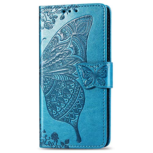 JOMA E-Shop Funda para Samsung Galaxy A50, Samsung Galaxy A50, diseño de mariposa en relieve con ranuras para tarjetas, funda tipo cartera para Samsung Galaxy A50 (azul)