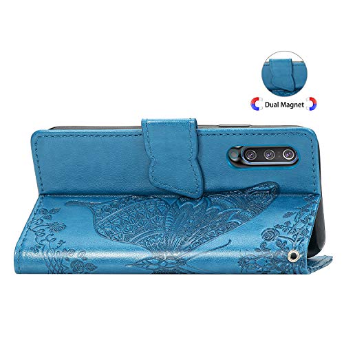 JOMA E-Shop Funda para Samsung Galaxy A50, Samsung Galaxy A50, diseño de mariposa en relieve con ranuras para tarjetas, funda tipo cartera para Samsung Galaxy A50 (azul)