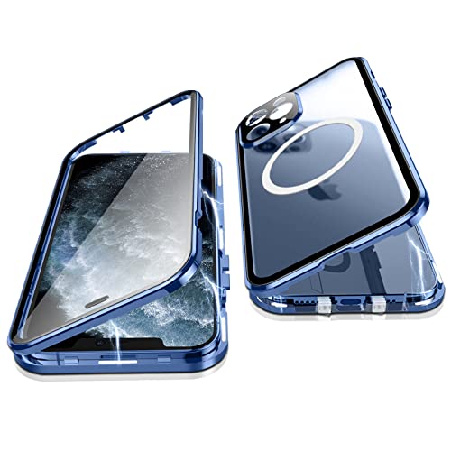 Jonwelsy Funda para iPhone 11 Pro MAX, Protección Doble Cara 360 Grados Compatible Magsafe Metal de Adsorción Magnética Case Cover Delantera Vidrio y Trasera Mate PC Cubierta para 11 Pro MAX (Azul)