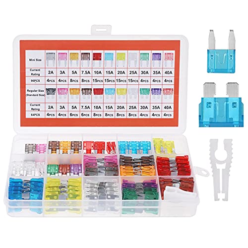 JOREST 160 Pcs 12v Fusibles Coche Kit, 96 Mini Fusibles Coche + 64 Mediano Fusibles Coche + 1 Clip para Fusibles - para Coche/Caravanas/Furgoneta/Moto(2A 3A 5A 7.5A 10A 15A 20A 25A 30A 35A 40A)