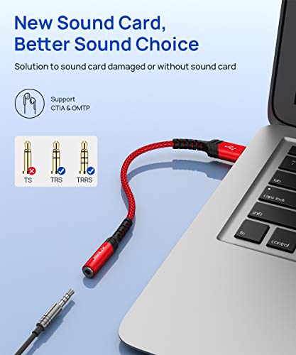 JSAUX Tarjeta De Sonido Externa USB[ Hi-Fi/TRRS/96KHZ@24bit ], Adaptador Jack A USB, USB A 3,5mm Jacks Auriculares, para PS4,Auriculares (estándar CTIA/OMTP),micrófono,computadora portátil, PC-Rojo