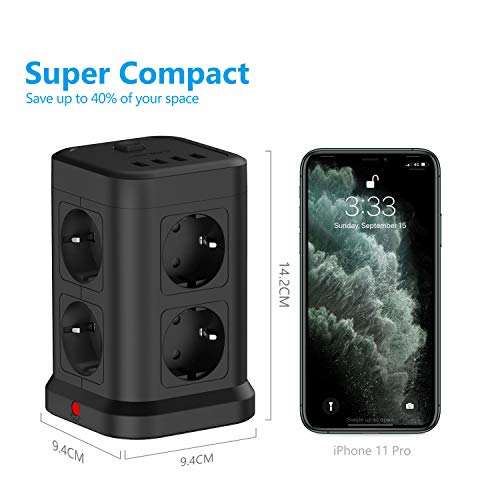 JSVER Regleta Enchufe Vertical con USB,8 Tomas con 4 USB Puertos(5V,4.8A) Enchufe Electrica Protección contra Sobretensiones con Interruptores para el hogar, la Oficina y los Viajes Cable 2 m Negro
