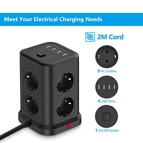 JSVER Regleta Enchufe Vertical con USB,8 Tomas con 4 USB Puertos(5V,4.8A) Enchufe Electrica Protección contra Sobretensiones con Interruptores para el hogar, la Oficina y los Viajes Cable 2 m Negro