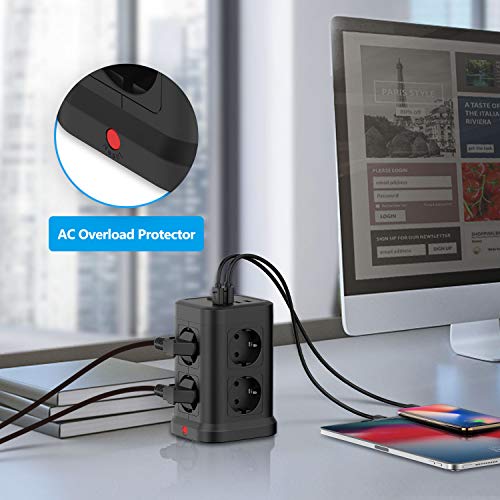 JSVER Regleta Enchufe Vertical con USB,8 Tomas con 4 USB Puertos(5V,4.8A) Enchufe Electrica Protección contra Sobretensiones con Interruptores para el hogar, la Oficina y los Viajes Cable 2 m Negro
