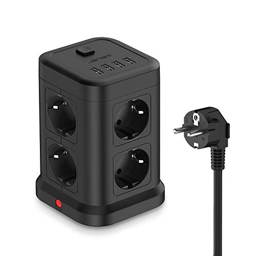 JSVER Regleta Enchufe Vertical con USB,8 Tomas con 4 USB Puertos(5V,4.8A) Enchufe Electrica Protección contra Sobretensiones con Interruptores para el hogar, la Oficina y los Viajes Cable 2 m Negro