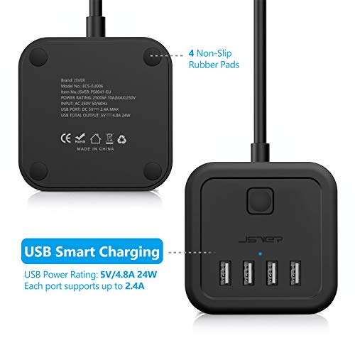 JSVER Regleta Enchufe Vertical con USB,8 Tomas con 4 USB Puertos(5V,4.8A) Enchufe Electrica Protección contra Sobretensiones con Interruptores para el hogar, la Oficina y los Viajes Cable 2 m Negro