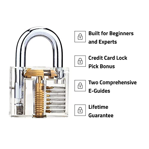 Juego de ganzúas con 20 piezas - Incluye candado transparente y tarjeta de crédito con herramientas de Lock Cowboy - Guía para principiantes y cerrajeros