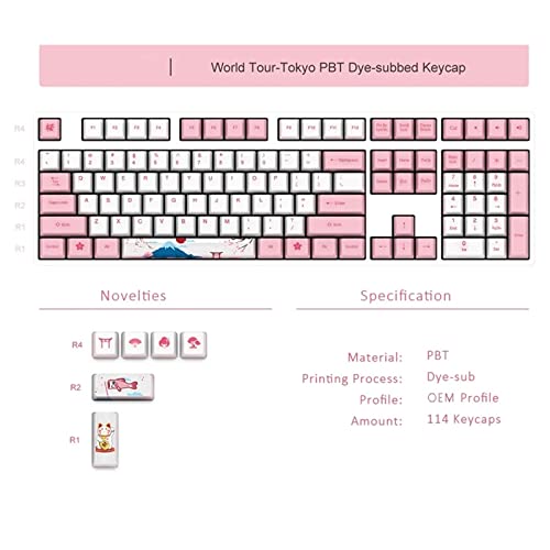 Juego de Teclas 114 Keys World Tour - Juego De Llaves De Tokio OEM Perfil Pbjon Tecla De Tintesub para Teclado (Color : White+Pink, Size : 114 Keys)