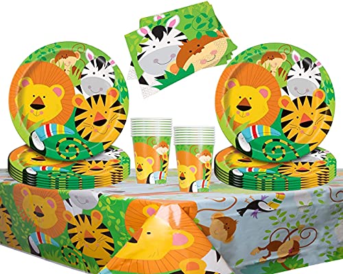 Jungle Animal Party Supplies Vajilla para 16 niños Fiesta de cumpleaños-16 Platos 16 Tazas 16 servilletas 1 Mantel con Globos Gratis Velas Bomba de Globo