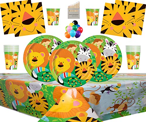 Jungle Animal Party Supplies Vajilla para 16 niños Fiesta de cumpleaños-16 Platos 16 Tazas 16 servilletas 1 Mantel con Globos Gratis Velas Bomba de Globo