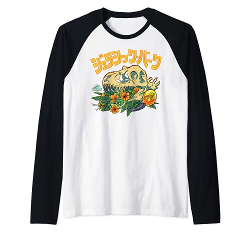 Jurassic Park Kanji T-Rex Skull Floral Still Life Camiseta Manga Raglan
