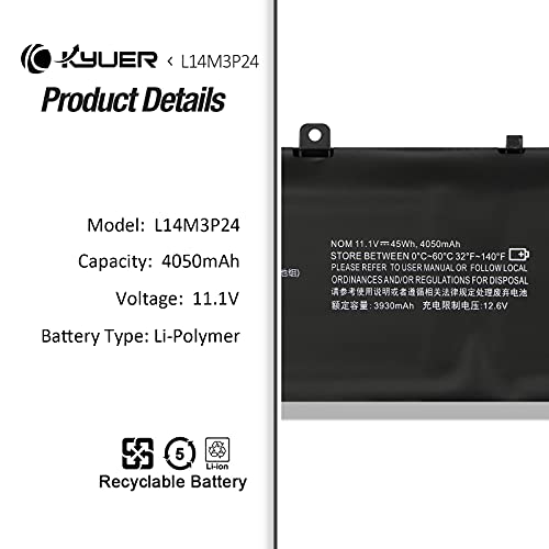 K KYUER 45WH L14M3P24 - Batería para portátil Lenovo IdeaPad Y700-14ISK 700-15ISK 700-17ISK Lenovo Legion Y520-15IKBA Y520-15IKBN L14M3P24 5B10H4 1180 L14S3P24 L16S3P24 5B10M41935 L16M3P24