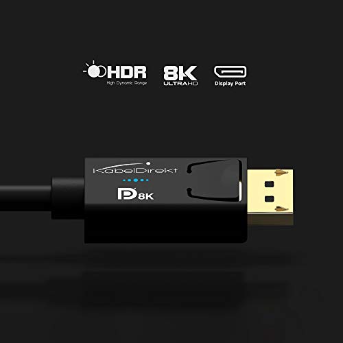 KabelDirekt – 2m – Cable DisplayPort, DP 1.4, Certificado VESA (8K@60Hz, 144Hz, HDR10 – Ideal para monitores Gaming, Freesync/G-Sync, Probado Oficialmente de Acuerdo con Las directrices VESA, Negro)