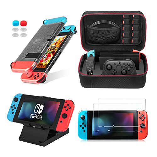 Keten Kit de Accesorios de Nintendo Switch 13 en 1, Incluye Funda de Viaje para Nintendo Switch/Funda de Interruptor Transparente, Soporte Ajustable, Protector de Pantalla HD (2 Unidades)