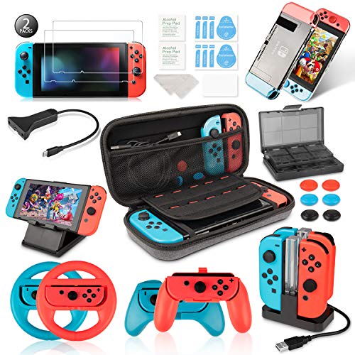 Keten Kit de Accesorios para NS Switch - Funda para Transporte/Base de Carga/Soporte/Cable de Extensión/Funda de Tarjeta/Protector de Pantalla/Agarres y Ruedas/Funda/Tapas(19 en 1)