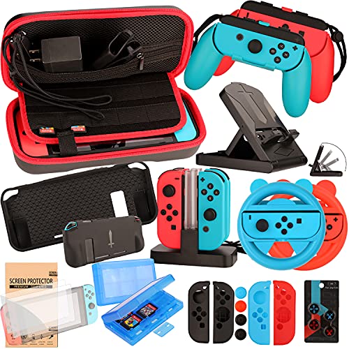 Kit Accesorios para Nintendo Switch y Nintendo Switch OLED - Funda Protector de Pantalla, Estuche De Juegos - Funda de Silicona Grips Wheel Caps para Nintendo Switch Joy-Con Mandos