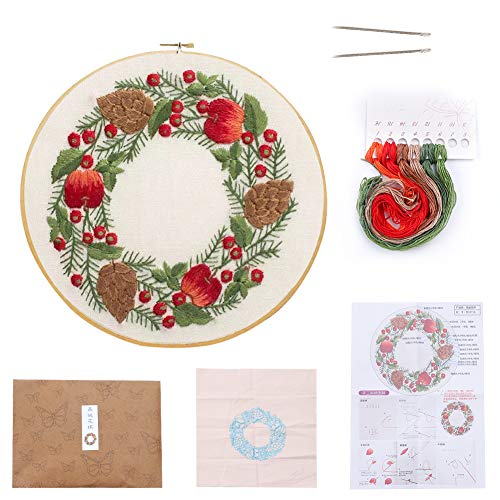 Kit de inicio de bordado, gama completa de bordado de Navidad con patrón de punto de cruz Kit de herramientas para principiantes, corona de Navidad multipatrón