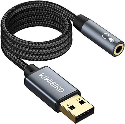 KiwiBird Adaptador USB a Jack 3,5mm Audio, Tarjeta de Sonido Estéreo Externa, Adaptador de Auriculares, Altavoces y Micrófonos, 4 Polos TRRS, Compatible con MacBook, PS4, Laptop, Raspberry pi, 1,2m