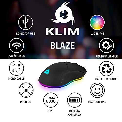 KLIM Blaze - Ratón inalámbrico Gaming Recargable RGB + Sensor de Alta precisión con batería Recargable de Larga duración + Ajustable hasta 6000 dpi + Modo inalámbrico y con Cable + Nuevo 2022+ (Black)