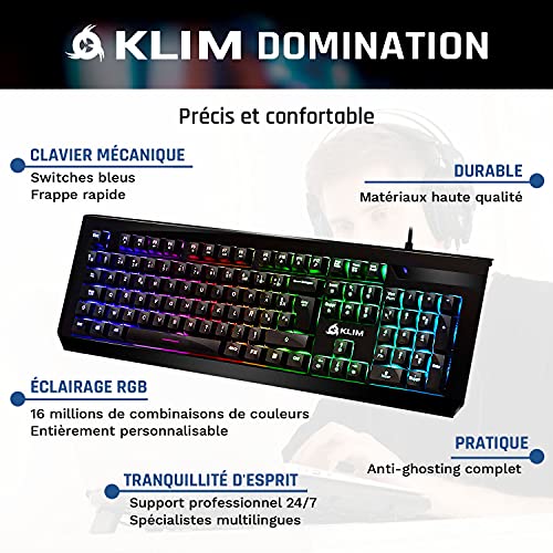KLIM Domination - Teclado AZERTY Mecánico RGB - Nueva Versión - Interruptores Azules - Tecleo Rápido, Preciso & Cómodo - 5 Años de Garantía - Completa Personalización de Colores - PC PS4