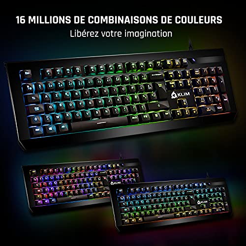 KLIM Domination - Teclado AZERTY Mecánico RGB - Nueva Versión - Interruptores Azules - Tecleo Rápido, Preciso & Cómodo - 5 Años de Garantía - Completa Personalización de Colores - PC PS4