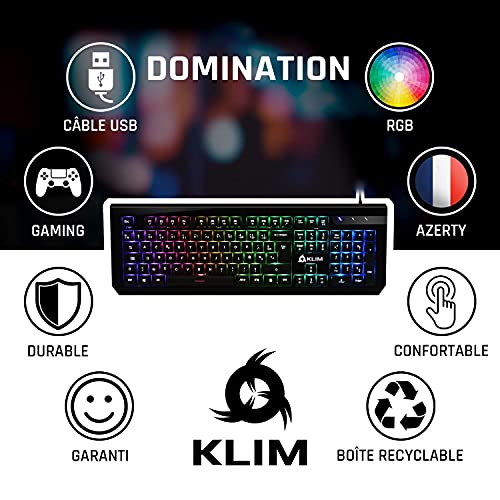 KLIM Domination - Teclado AZERTY Mecánico RGB - Nueva Versión - Interruptores Azules - Tecleo Rápido, Preciso & Cómodo - 5 Años de Garantía - Completa Personalización de Colores - PC PS4