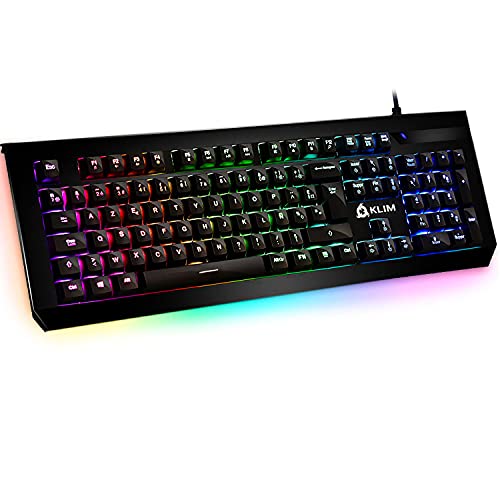 KLIM Domination - Teclado AZERTY Mecánico RGB - Nueva Versión - Interruptores Azules - Tecleo Rápido, Preciso & Cómodo - 5 Años de Garantía - Completa Personalización de Colores - PC PS4