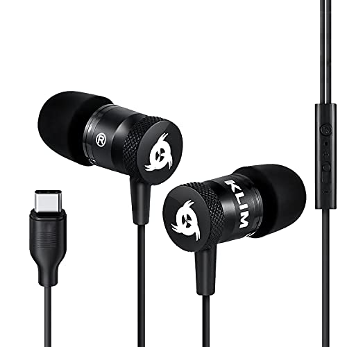 KLIM Fusion C - Auriculares USB C con Micrófono Sonido + Resistentes Cascos intraurales + Garantía de 5 años + Auriculares USB C para móviles Android + NUEVOS 2021 + Negros