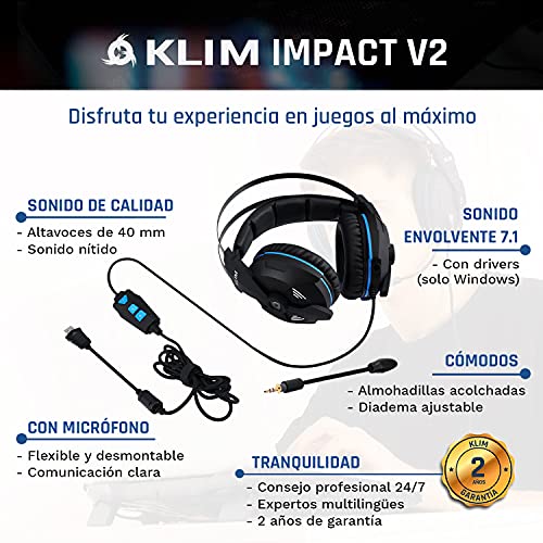 KLIM IMPACT V2 – Cascos Gaming USB - Sonido Envolvente 7.1 + Aislante de Ruidos - Audio de Alta Definición + Potentes Bajos – Auriculares de Diadema con Micrófono para Videojuegos PC PS4 + Cascos PS5